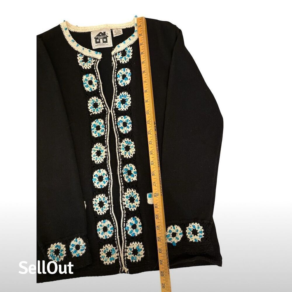 Storybook Knits Women's XS Black Sweater Crochet Flowers & Beading - Picture 3 of 5